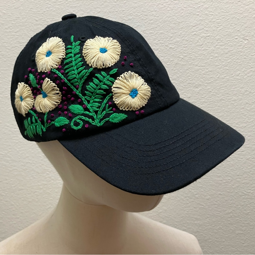 Floral Hand Embroidered Black Cap Adjustable Summer Handmade Boho Hippie Fashion